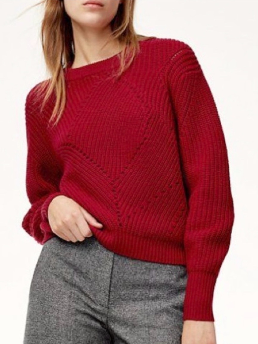 Wilfred 100% Merino Wool Serment Crop Crew Neck Sweater Raspberry Red Aritzia S